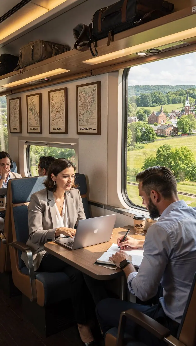 Modern intercity train arriving at a station linking major historic cities along the East Coast with efficient, comfortable transportation.